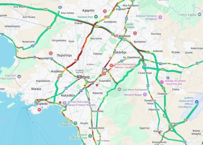 Η κίνηση στους δρόμους της Αθήνας μέχρι τις 09:10 / Φωτογραφία: Google Maps