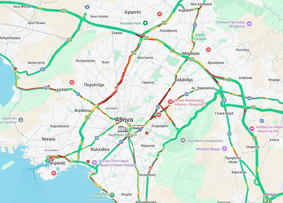 Η κίνηση στους δρόμους της Αθήνας λίγο μετά τις 9 / Φωτογραφία: googlemaps