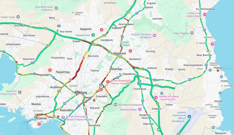 Η κίνηση στους δρόμους της Αθήνας μέχρι τις 8:50 / Φωτογραφία: Google Maps