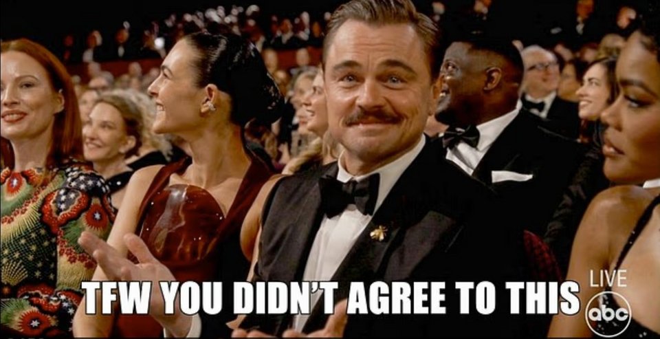 Η κάμερα στράφηκε στον Λεονάρντο ΝτιΚάπριο, ο οποίος φαινόταν κάπως αμήχανος, ενώ ο Conan O'Brien έβαλε λεζάντα στο «ζωντανό meme»: «Αυτό είναι το συναίσθημα όταν δεν είχες συμφωνήσει σε αυτό»