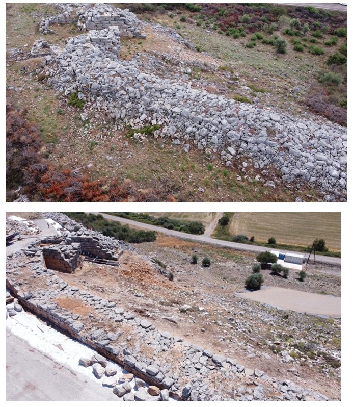 Επίπεδο κυκλοφορίας του τείχους δυτικά της Νότιας Πύλης, πριν και μετά τις εργασίες αποκατάστασης