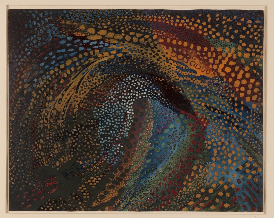 Μιχαήλ Ματιούσιν [Νίζνι Νόβγκοροντ (Ρωσική Αυτοκρατορία, σημ. Ρωσία) 1861 – Λένινγκραντ (ΕΣΣΔ, σημ. Ρωσία) 1934] Μουσικοζωγραφική κατασκευή, 1918 Λάδι σε χαρτόνι, 51 × 63 εκ. MOMUS-Μουσείο Μοντέρνας Τέχνης-Συλλογή Κωστάκη