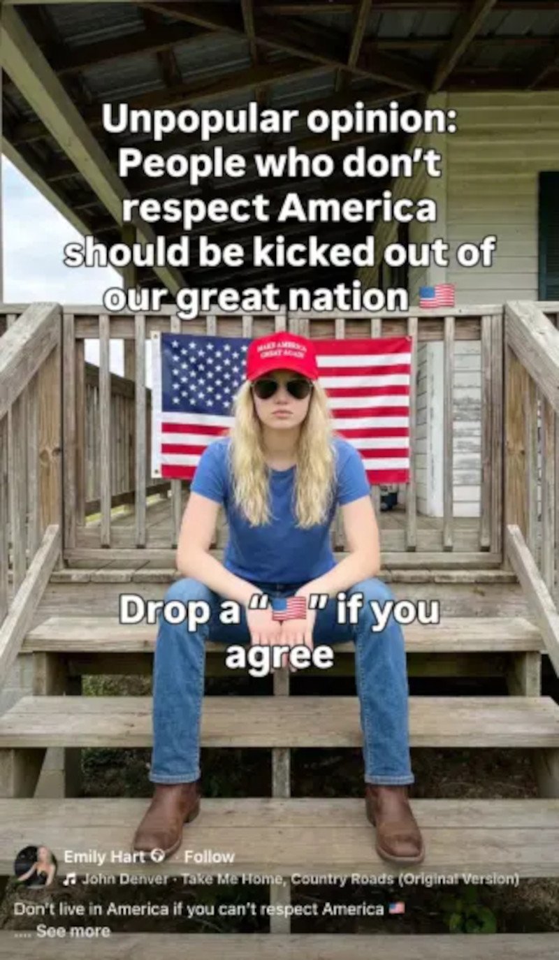 O Ινδός φοιτητής δημιούργησε την influencer «Emily Hart» και δημοσίευε περιεχόμενο με  έντονα πολιτικά μηνύματα υπέρ του χριστιανισμού, της οπλοκατοχής και  κατά της μετανάστευσης και των αμβλώσεων στοχεύοντας στο συντηρητικό  κοινό στις ΗΠΑ