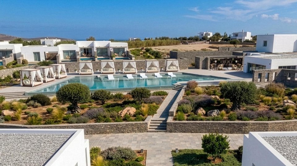 Η ηρεμία κυριαρχεί στον εξωτερικό χώρο του νέου ξενοδοχείου στην Πάρο / Φωτογραφία: OROSEA Paros, Marriott Autograph Collection