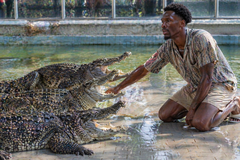 Ο Νάιτζελ Χέιζ-Ντέιβις ταΐζει κροκόδειλους στην Ταϊλάνδη / Φωτογραφία με τη χρήση AI 