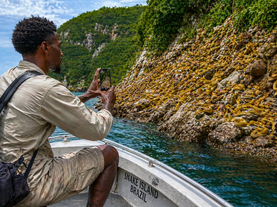 Ο Νάιτζελ Χέιζ-Ντέιβις στο νησί των φιδιών στη Βραζιλία - Φωτογραφία με τη χρήση AI