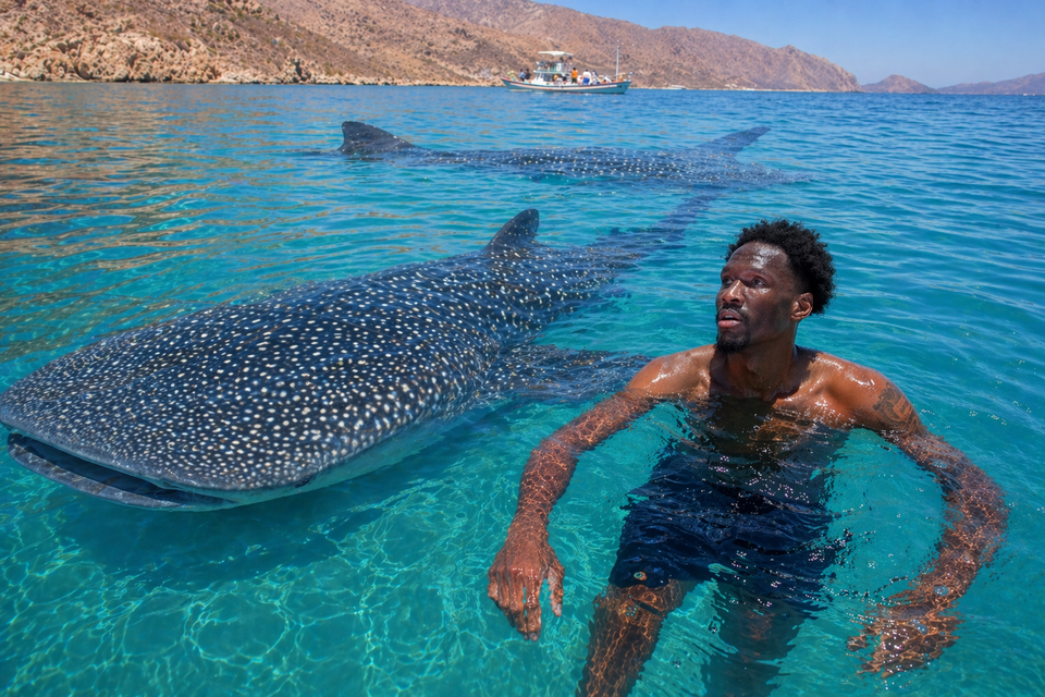 Ο Νάιτζελ Χέιζ Ντέιβις δίπλα σε φαλαινοκαρχαρίες στη θάλασσα του Κορτέζ / Φωτογραφία με τη χρήση AI