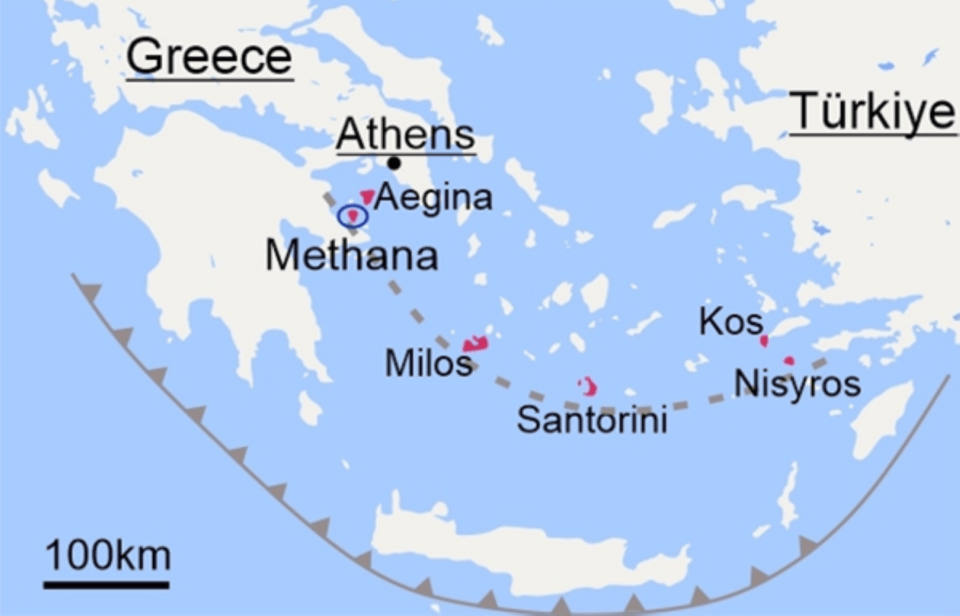 Χάρτης του ηφαιστειακού τόξου του νότιου Αιγαίου και των θέσεων των κύριων ηφαιστειακών περιοχών. Credit: Popa et al., 2026, Science Advances