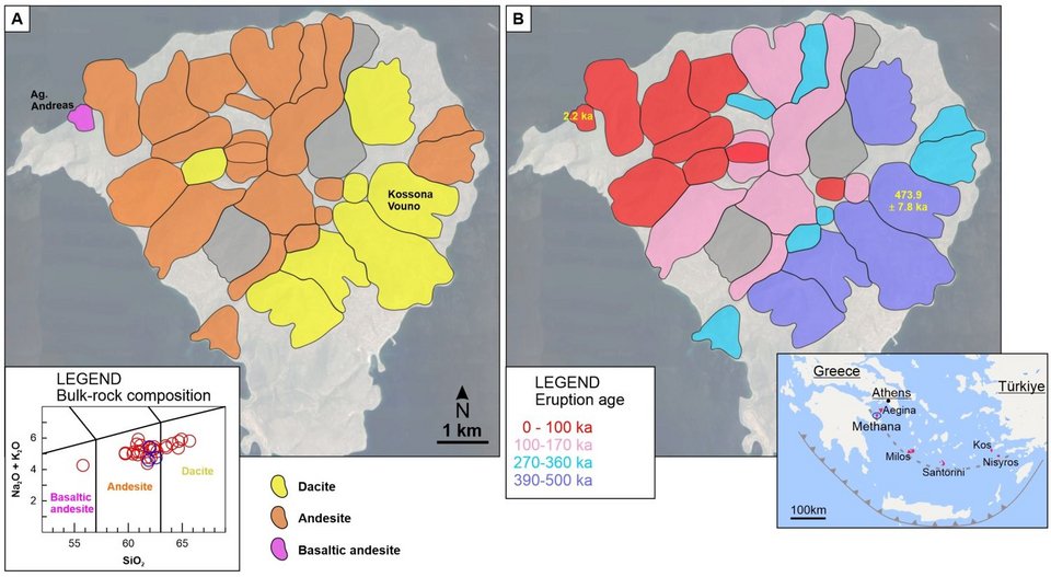 Επισκόπηση της σύστασης και της χρονολογίας των εκρήξεων του ηφαιστείου στα Μέθανα. Credit: Popa et al., 2026, Science Advances