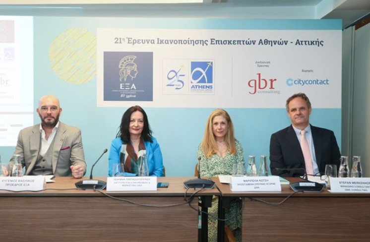 Ευγένιος Βασιλικός, πρόεδρος της ΕΞΑ, Ιωάννα Παπαδοπούλου, διευθύντρια Επικοινωνίας και Μάρκετινγκ του ΔΑΑ, Μαριπόλα Κώτση, Τομεάρχης Έρευνας Αγοράς του ΔΑΑ και Stefan Merkenhof, Managing Consultant της GBR Consulting / Φωτογραφία: ΕΞΑ