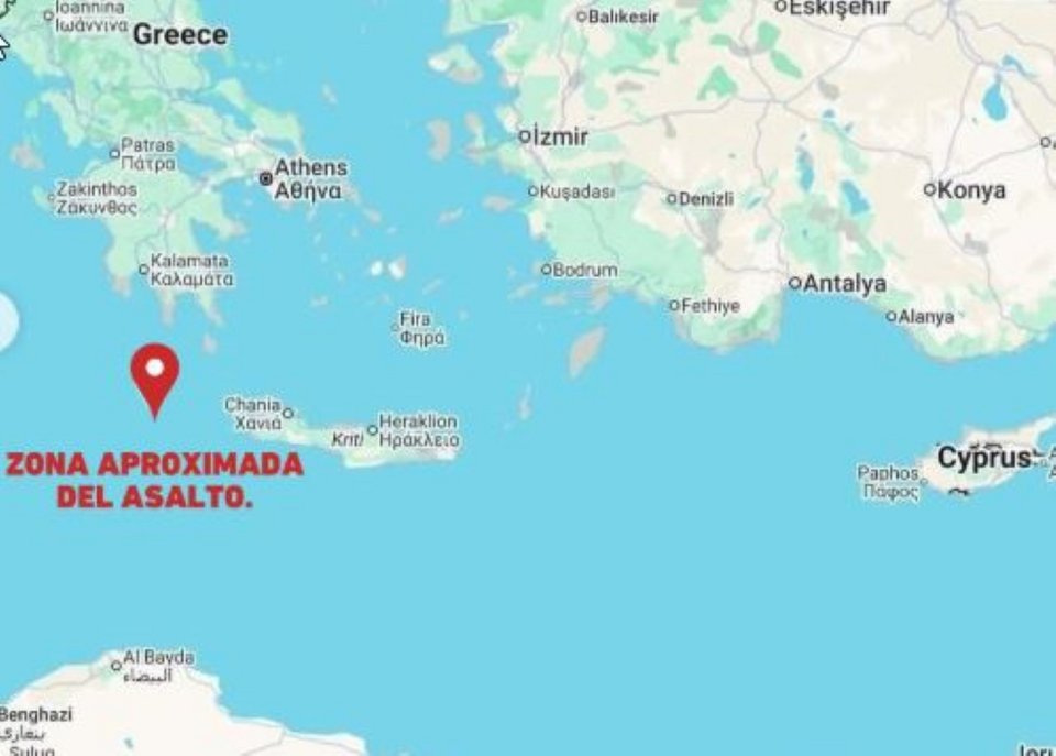 Το σημείο της αναχαίτισης των στολίσκων, σε διεθνή ύδατα, ανοιχτά της Κρήτης, Ελλάδα / Φωτογραφία: globalsumudflotilla