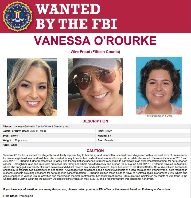 Η αφίσα του FBI για την καταζητούμενη Βανέσσα Ο' Ρουρκ