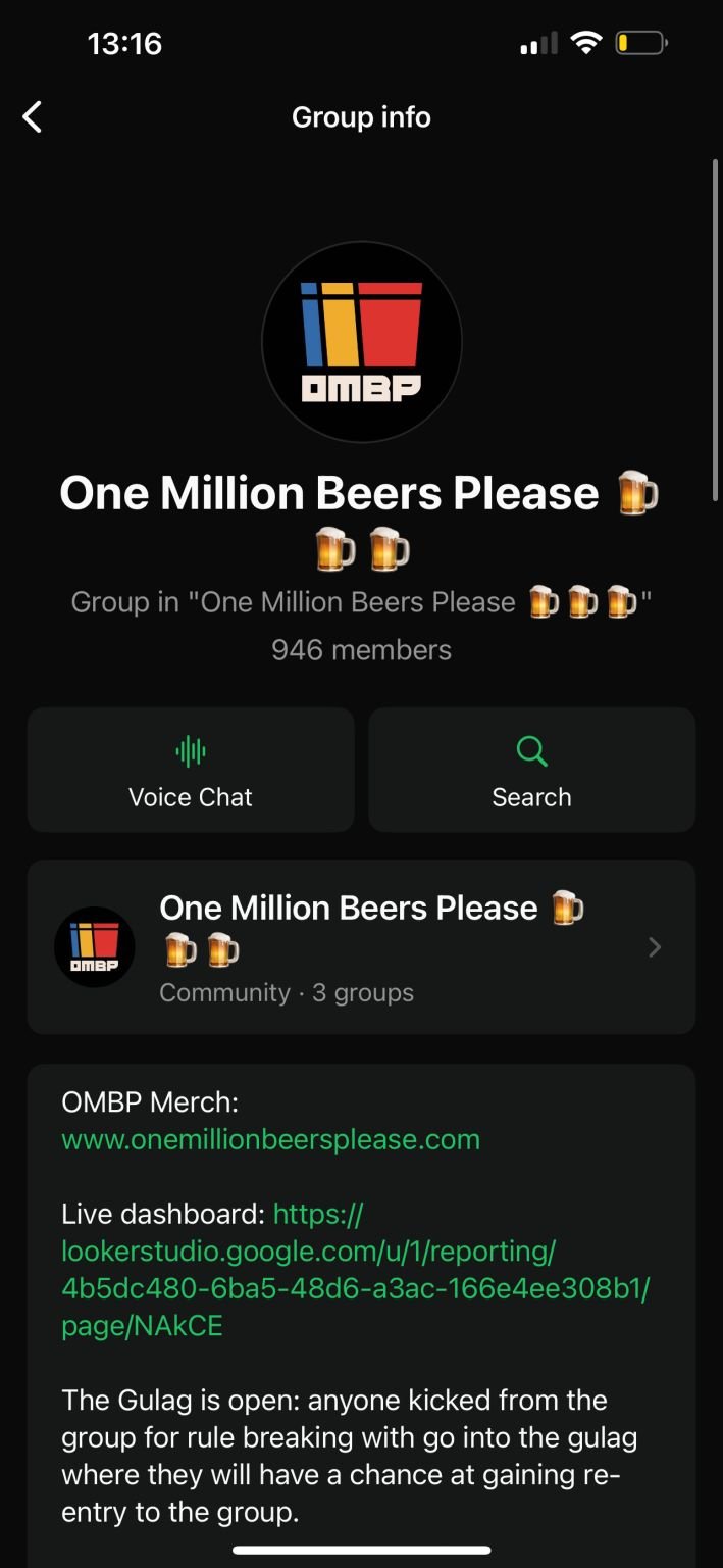 Περίπου χίλιοι άνθρωποι, οι περισσότεροι άγνωστοι μεταξύ τους, έχουν ενώσει τις δυνάμεις τους με έναν και μοναδικό στόχο: να πιούν συλλογικά ένα εκατομμύριο μπίρες / WHATSAPP