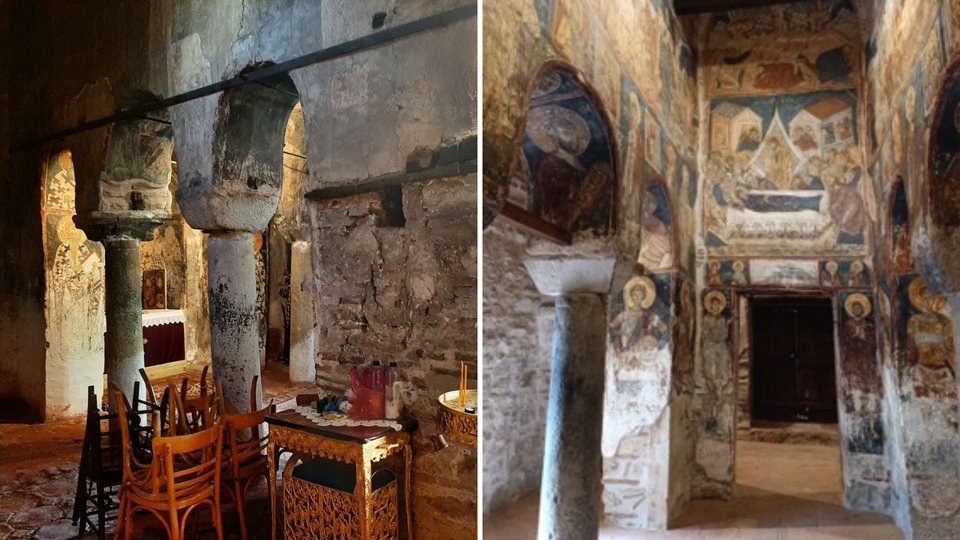 Άποψη του εσωτερικού του Ιερού Ναού Ταξιάρχη Μητροπόλεως, πριν και μετά την αποκατάσταση