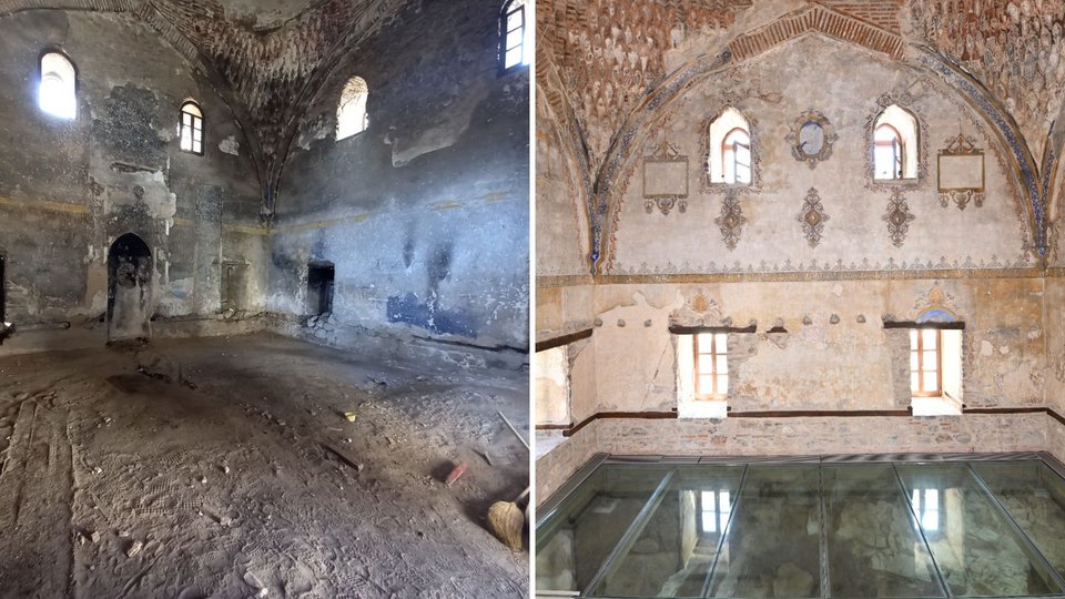 Τέμενος Κουρσούμ, εσωτερική άποψη, πριν και μετά τις εργασίες