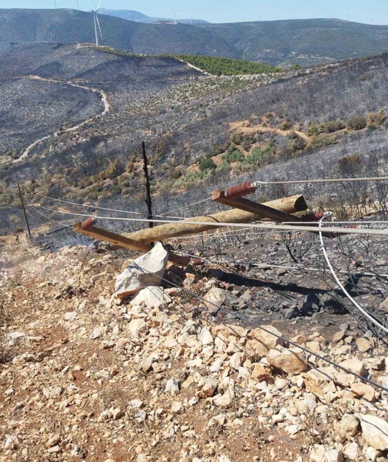 Ο πεσμένος ξύλινος στύλος της εναέριας γραμμής διανομής ηλεκτρικής ενέργειας