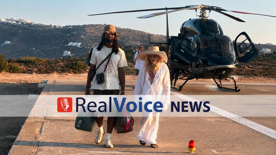Η Μαντόνα κατά την άφιξή της στην Πάτμο με τον σύντροφό της Ακίμ Μόρις 