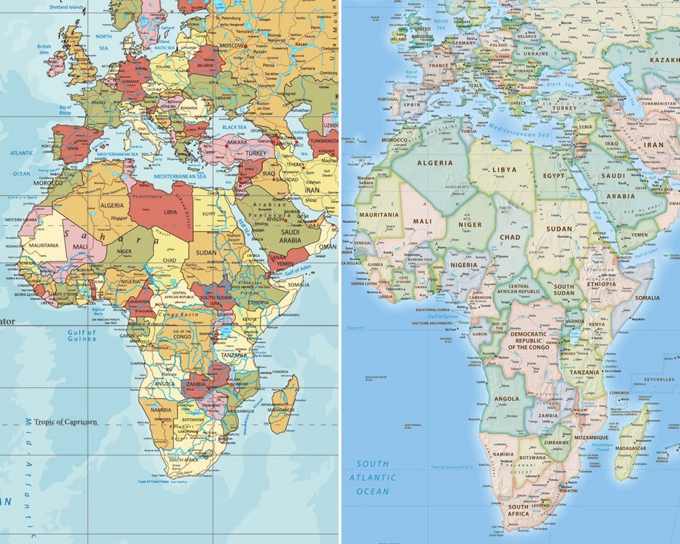 Στα αριστερά ο χάρτης Mercator και στα δεξιά ο νέος χάρτης