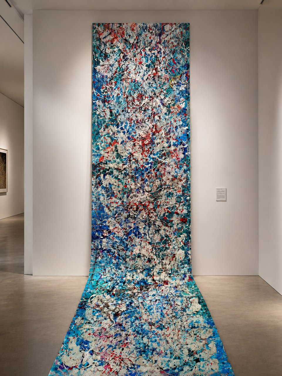 Mary Stefanou ‘Ocean of Transformation', Ακρυλικά, χρωστικές σε σκόνη, σμάλτο αερογράφου και υφαντουργικά κατάλοιπα σε βαμβακερό μουσαμά, 445 x 100 cm, 2026 / Φωτογραφία: Cycladic Biennale