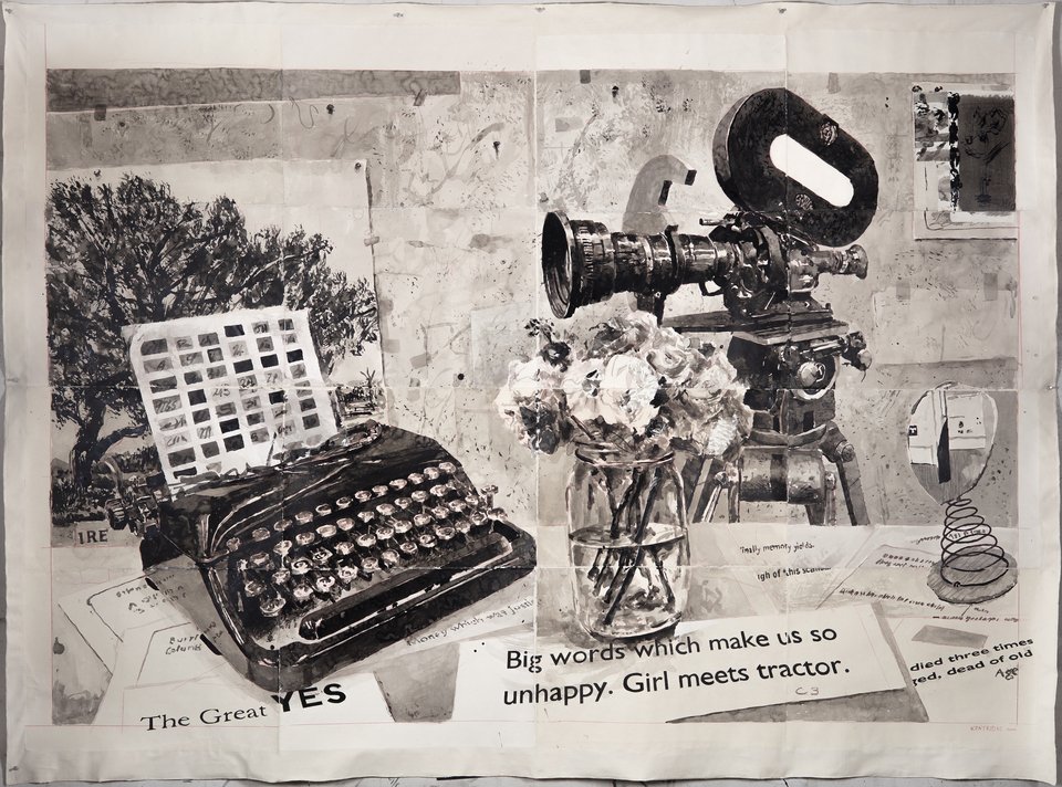 William Kentridge, The Great Yes (Studio Still Life) , 2022Σινική μελάνη και μολύβι σε χειροποίητο χαρτί Phumani, τοποθετημένο σε ακατέργαστο καμβά 181 x 221 εκ.Eυγενική παραχώρησηKentridge Studio © William Kentridge