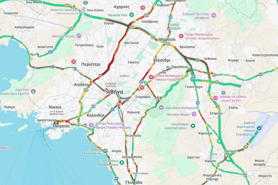 Η κίνηση στους δρόμους της Αθήνας λίγο μετά τις 9:15 / Φωτογραφία: googlemaps