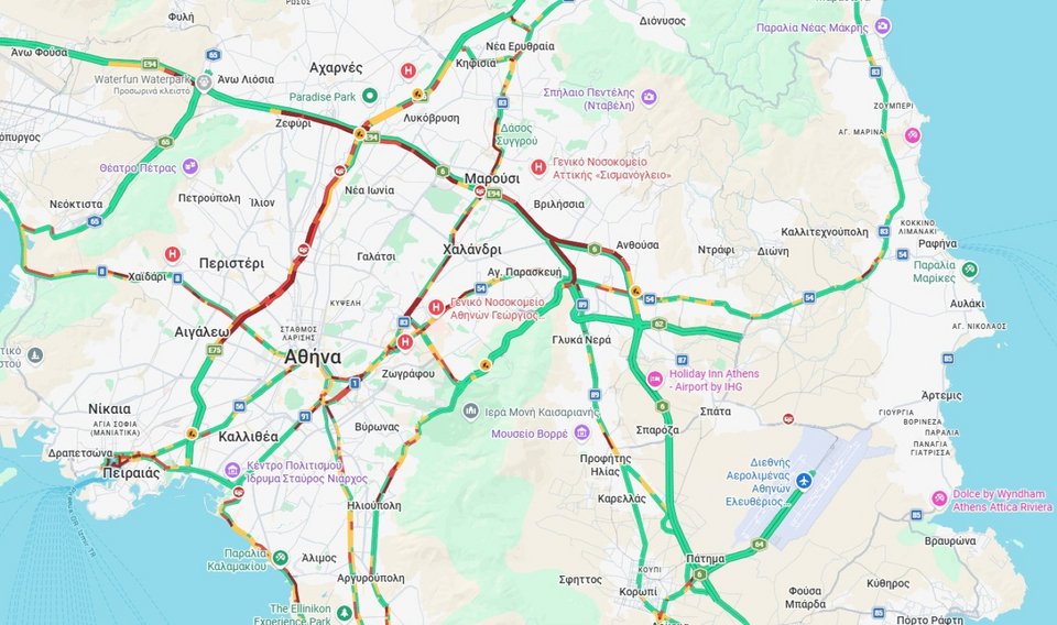 Η κίνηση στους δρόμους της Αθήνας λίγο πριν τις 9:10 / Φωτογραφία: Google maps