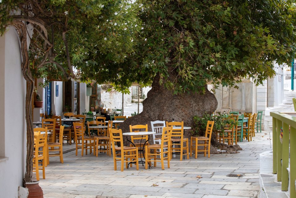 Παραδοσιακό υπαίθριο καφενείο στο χωριό Πύργος της Τήνου, με άδεια τραπέζια και καρέκλες κάτω από τη σκιά ενός τεράστιου πλατάνου