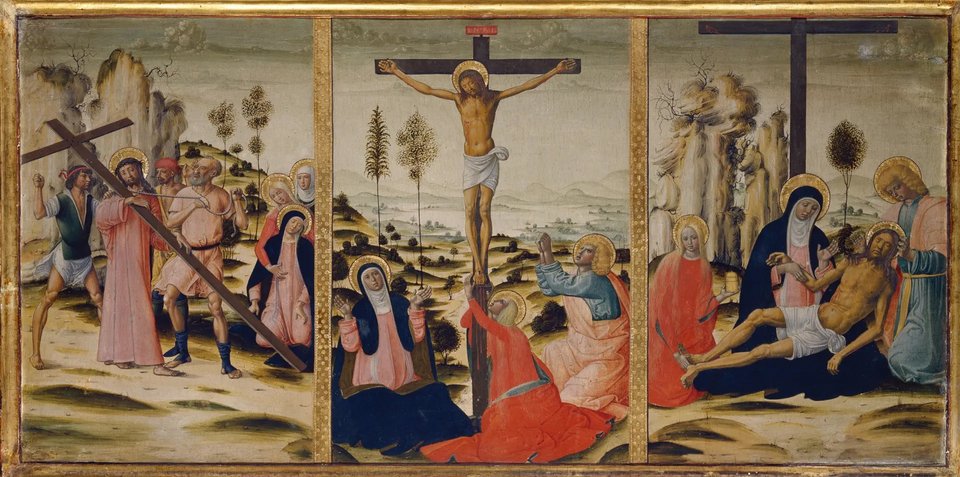Girolamo Di Benvenuto, Carrying the Cross, Crucifixion and Lamentation, c. 1500