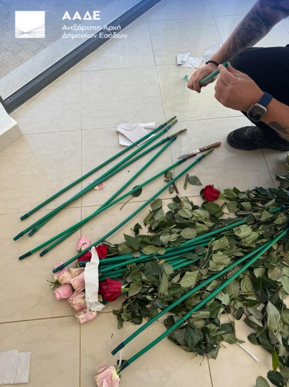 Από τα 80 κιβώτια, οι ελεγκτές -με τη βοήθεια ειδικού σκύλου ανιχνευτή- βρήκαν στα 15 από αυτά ότι τα τριαντάφυλλα είχαν τεχνητό μίσχο, ο οποίος περιείχε την κοκαΐνη