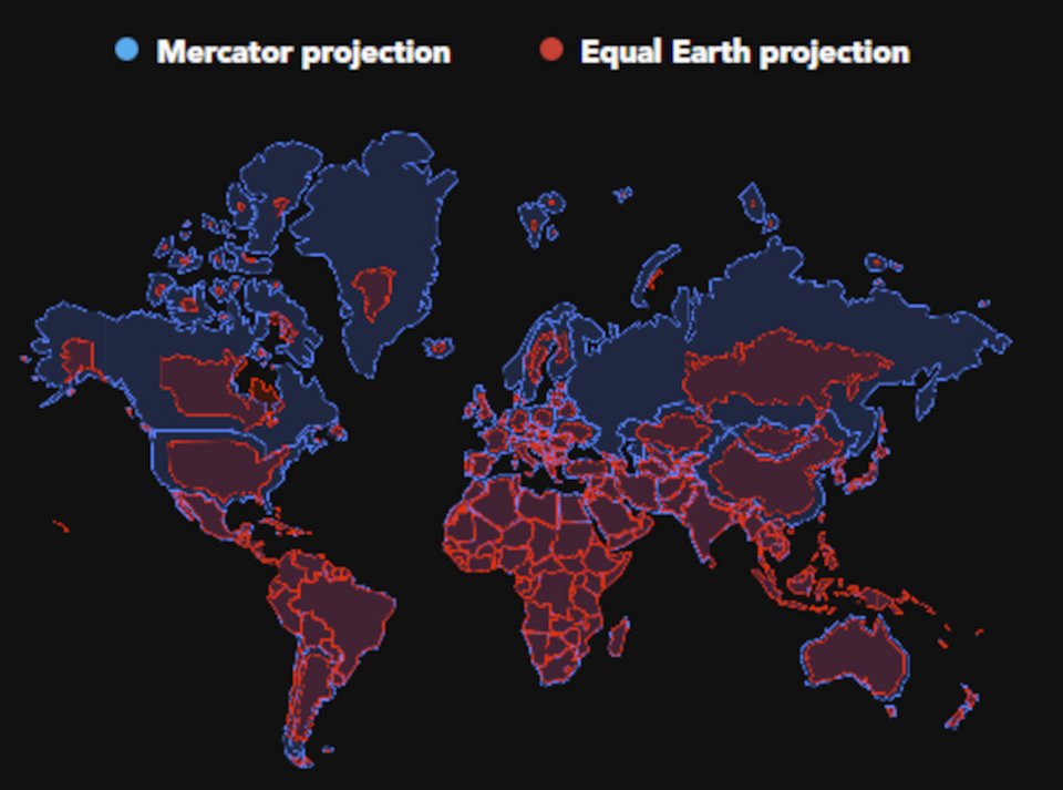 O νέος χάρτης που προτείνεται «Equal Earth» (με κόκκινο χρώμα) επάνω στην προβολή Mercator (με μπλε χρώμα) | CorrectTheMap