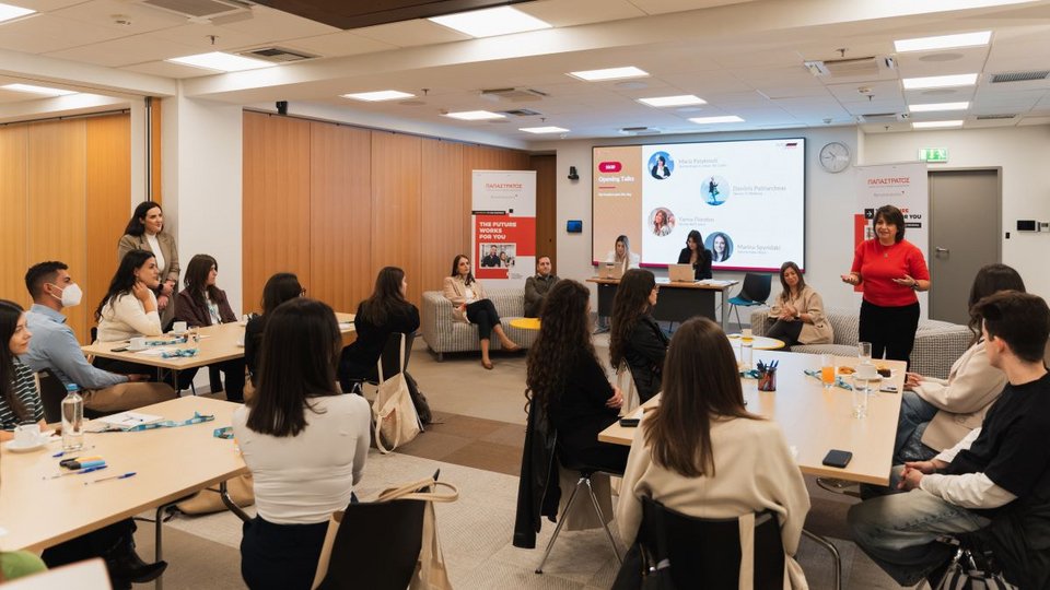 Η Μαρία Πατακιούτη, Γενική Διευθύντρια Ανθρώπων και Κουλτούρας της Παπαστράτος και Ν.Α. Ευρώπης της Philip Morris International σε συζήτηση με τους 15 πρώτους ασκούμενους