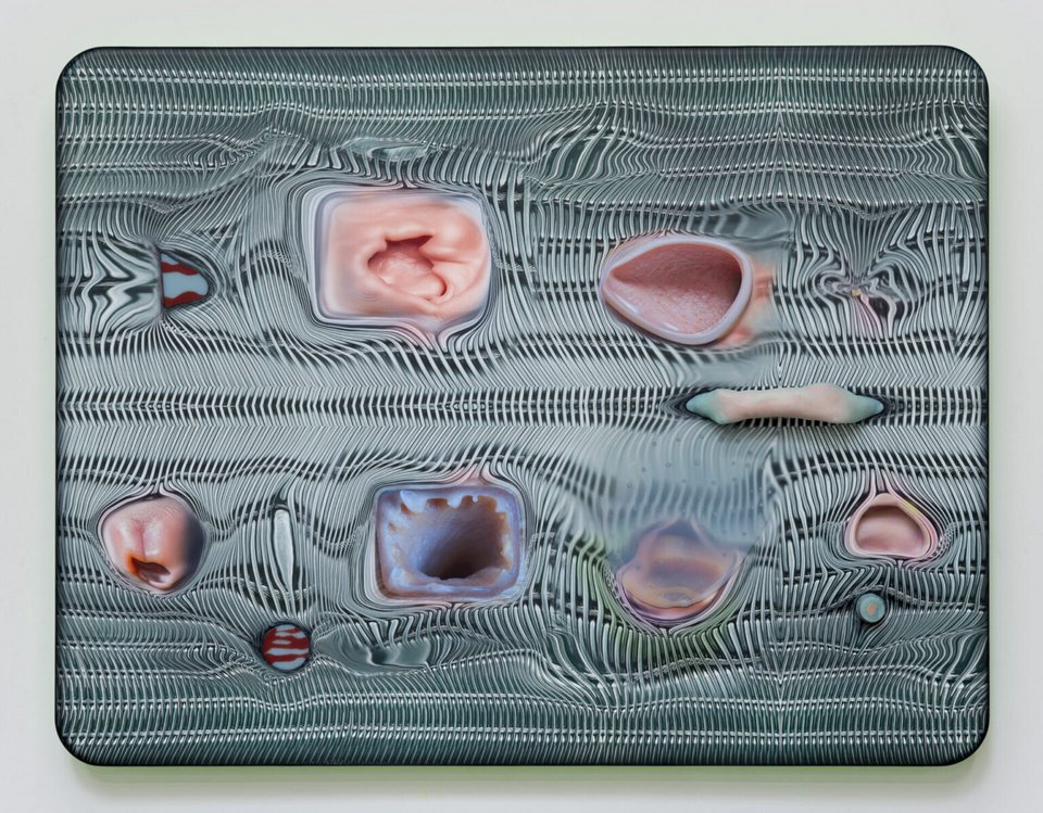 Tishan Hsu, mammal-screen-green-1 2024 | UV-print, silicone, ink, acrylic, stainless steel, on wood 120.7 x 156.2 x 14 cm 47 1⁄2 x 61 1⁄2 x 5 1⁄2 in | Credits for image: mammal-screen-green-1 © 2024 North First Studio / Artists Rights Society (ARS), New York