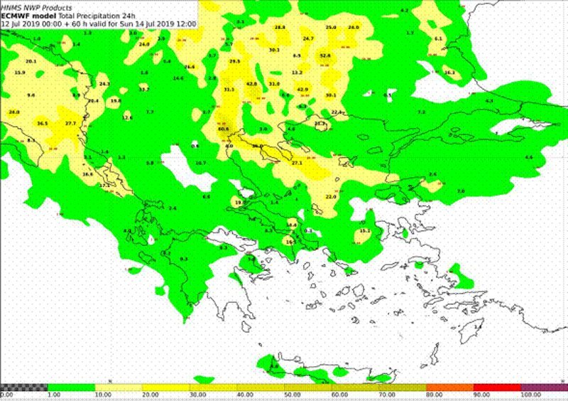 Ύψη 24ωρου υετού έως την Κυριακή 12:00 UTC