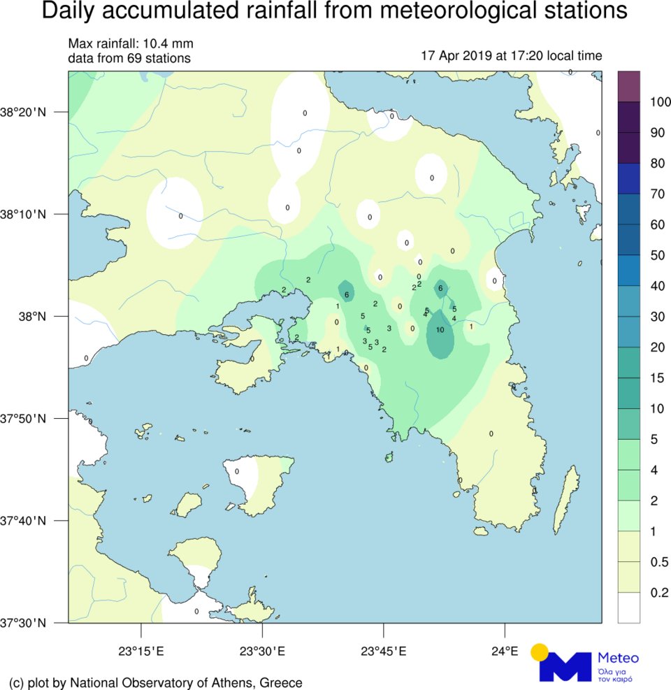 Χάρτης 1.&nbsp;Τα ύψη βροχής όπως καταγράφτηκαν την Τετάρτη 17/04/2019 έως τις 17:30 το απόγευμα, στο Μετεωρολογικό και Κλιματικό Παρατηρητήριο Αττικής.&nbsp;&nbsp;&nbsp; &nbsp;