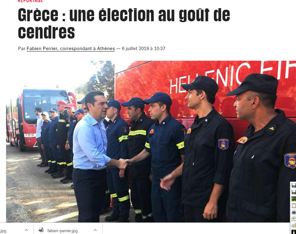 Τον περασμένο Ιούλιο ο Φαμπιέν Περιέ έγραφε από την Αθήνα «Ελλάδα: Εκλογές με γεύση στάχτης» και ανέφερε ότι η πρώτη φορά αριστερή κυβέρνηση του Αλέξη Τσίπρα θα πλήρωνε στις κάλπες και την τραγωδία στο Μάτι