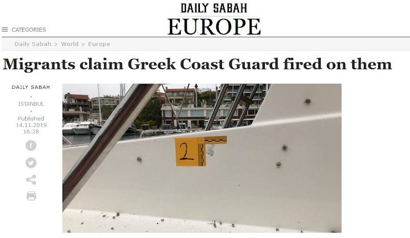 Το δημοσίευμα στην αγγλόφωνη έκδοση της Sabah συνοδεύεται από φωτογραφία που δείχνει τρύπες από σφαίρες στο σκάφος των μεταναστών, όπως λέει.