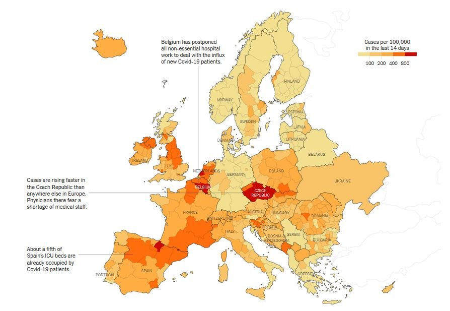 Οι περιοχές της Ευρώπης, όπου τα νοσοκομεία κατακλύζονται από ασθενείς του νέου κορωνοϊού, σύμφωνα με στοιχεία του Ευρωπαϊκού Κέντρου Ελέγχου και Πρόληψης Νοσημάτων 