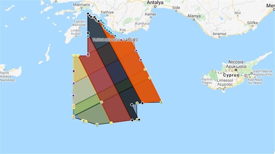 Με τη Navtex το τουρκικό σεισμογραφικό σκάφος θα κάνει έρευνες σε περιοχή ανάμεσα σε Ρόδο και Καστελλόριζο (πορτοκαλί περιοχή)