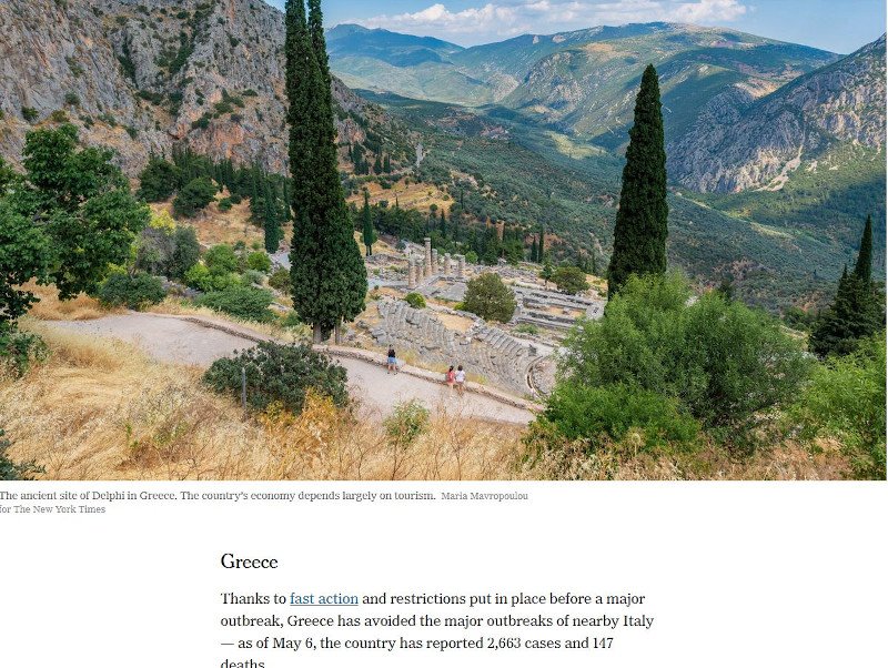 Το σχετικό απόσπασμα του δημοσιεύματος των Νew York Times για την Ελλάδα, συνοδεύεται από πανοραμική φωτογραφία των Δελφών (αρχαιολογικός χώρος και πεδιάδα), με τη σημείωση στη λεζάντα, ότι η οικονομία της Ελλάδας, βασίζεται πολύ στον τουρισμό.