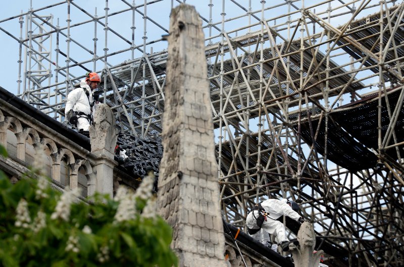Εργάτες τοποθετούν προστατευτικά πετάσματα στην Παναγία των Παρισίων.