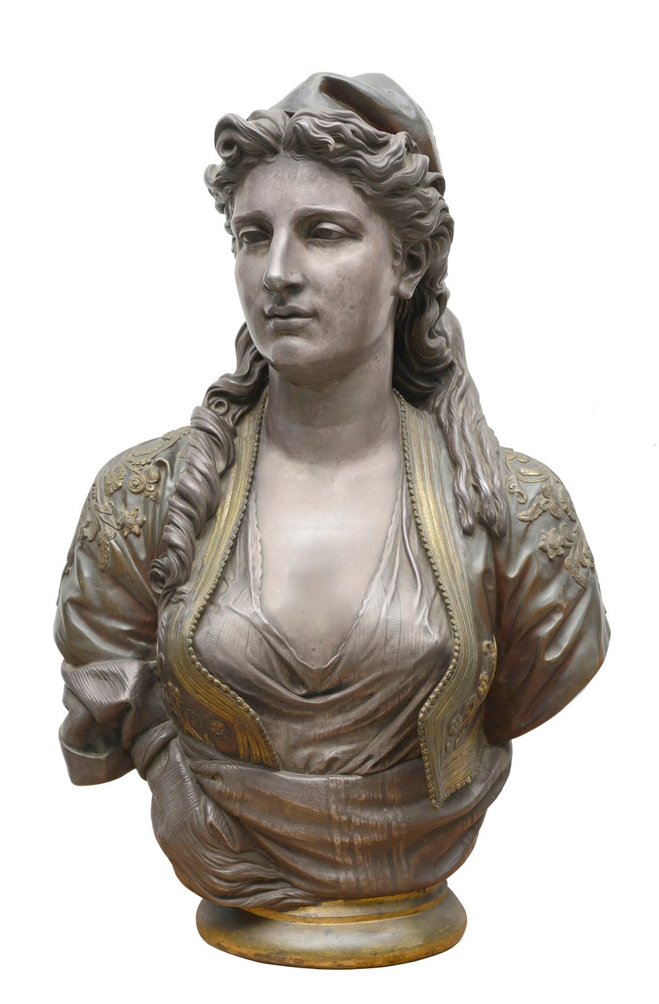 Charles-Henri-Joseph Cordier (1827-1905) Ελληνίδα, 1873 Μπρούντζος επιχρυσωμένος, επαργυρωμένος και επισμαλτωμένος Yψος 75 εκ., μήκος 45 εκ., διάμετρος βάσης 21 εκ. Συλλογή Θανάση και Μαρίνας Μαρτίνου