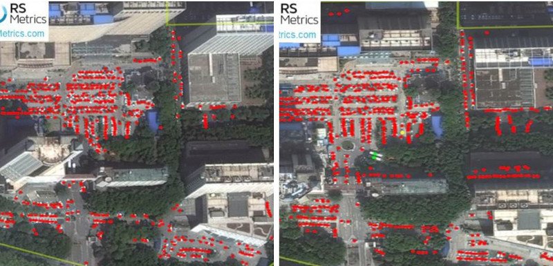  Οι δορυφορικές φωτογραφίες που ανέλυσε η ομάδα του Δρος Τζον Μπράουνσταϊν της Ιατρικής Σχολής του Χάρβαρντ έδειξαν ότι τον Οκτώβριο του 2018 (αριστερή φωτογραφία) υπήρχαν 506 αυτοκίνητα στο πάρκινγκ της πανεπιστημιακής κλινικής Ζονγκνάν της Ουχάν, ενώ ένα χρόνο αργότερα (δεξιά φωτογραφία) 640, δηλαδή μια αύξηση άνω του 26%