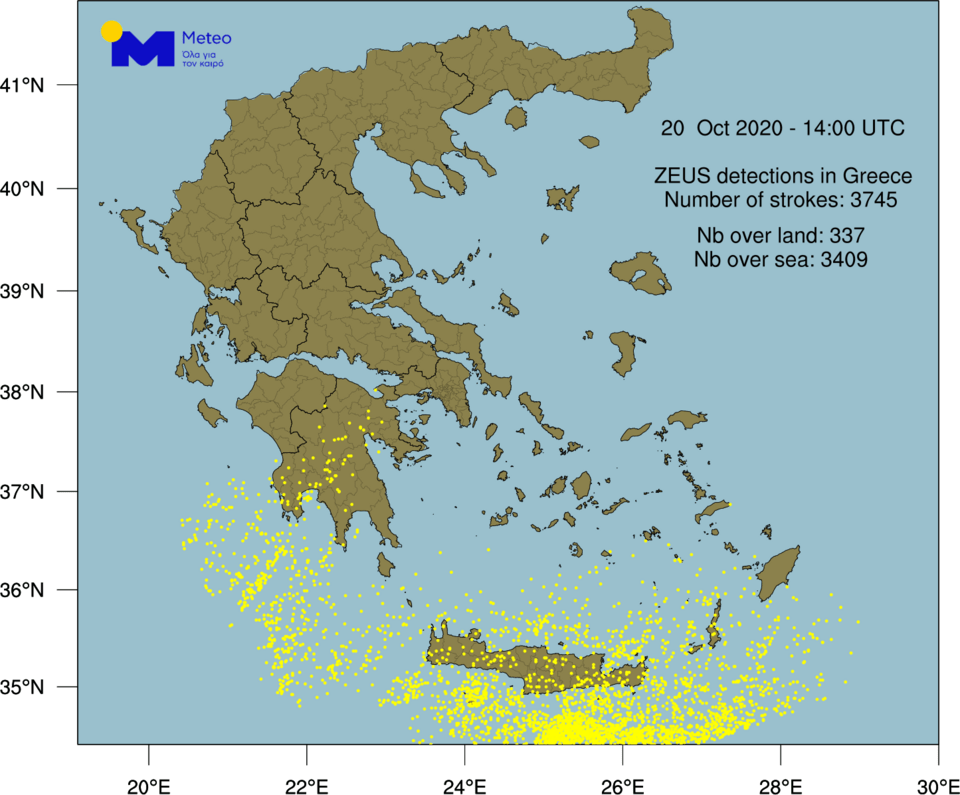 Δείτε τον χάρτη του meteo.gr με τους κεραυνούς (σ.σ. με κίτρινο χρώμα)