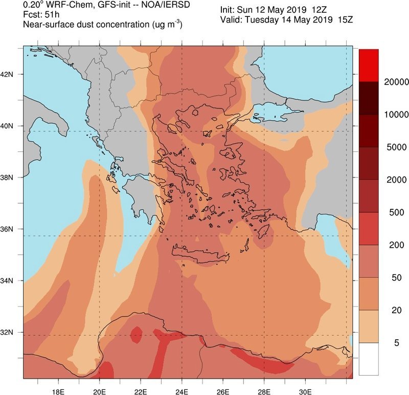 Χάρτης που δείχνει τη χώρα σχεδόν καλυμμένη από αφρικανική σκόνη την Τρίτη 14 Μαΐου