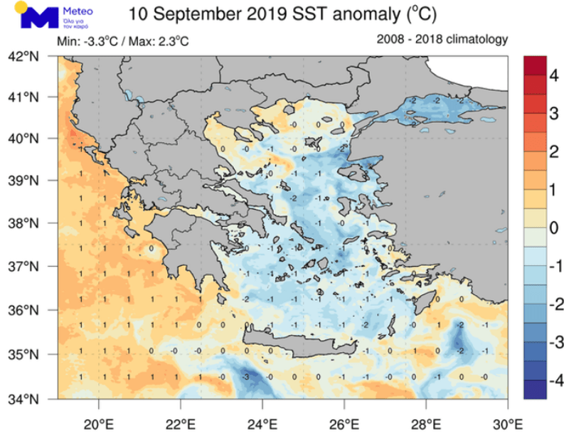 Η απόκλιση της θερμοκρασίας της επιφάνειας της θάλασσας από τις φυσιολογικές για την εποχή τιμές