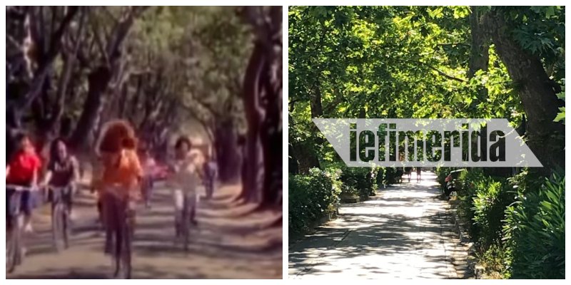 Αριστερά: Η Αλίκη Βουγιουκλάκη κάνει ποδήλατο στην Οθωνος που ήταν χωματόδρομος -Δεξιά, η Οθωνος σήμερα