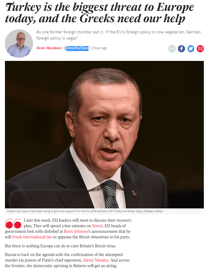 Άρθρο του Independent κατονομάζει την Τουρκία ως τη μεγαλύτερη απειλή σήμερα για την Ευρώπη