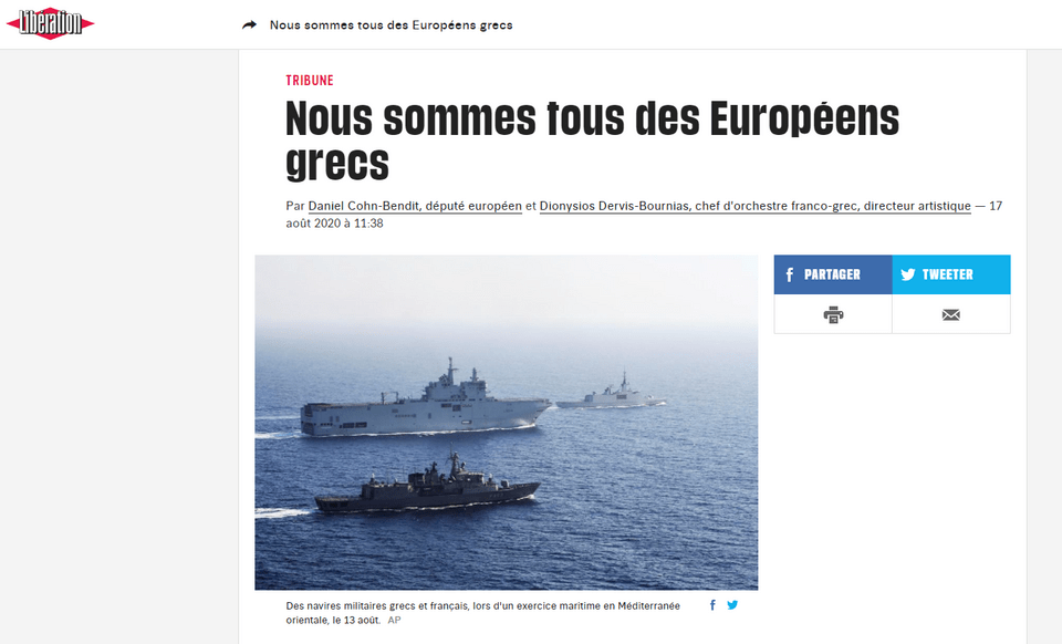 «Είμαστε όλοι Έλληνες Ευρωπαίοι» είναι ο τίτλος του άρθρου γνώμης για την ένταση της Τουρκίας στην Ανατολική Μεσόγειο