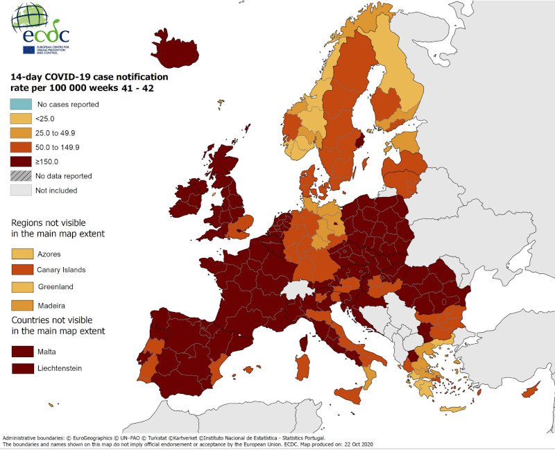 Ο αντίστοιχος δείκτης ECDC, 22 Οκτ. 65.7/100k πληθυσμού/14d Ελλάδα σήμερα