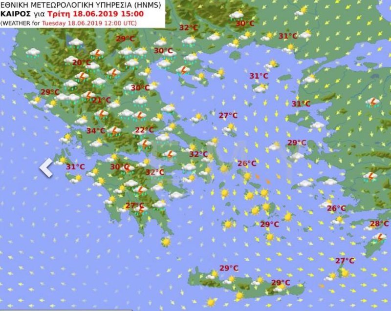 Ο χάρτης της ΕΜΥ για την Τρίτη 18 Ιουνίου